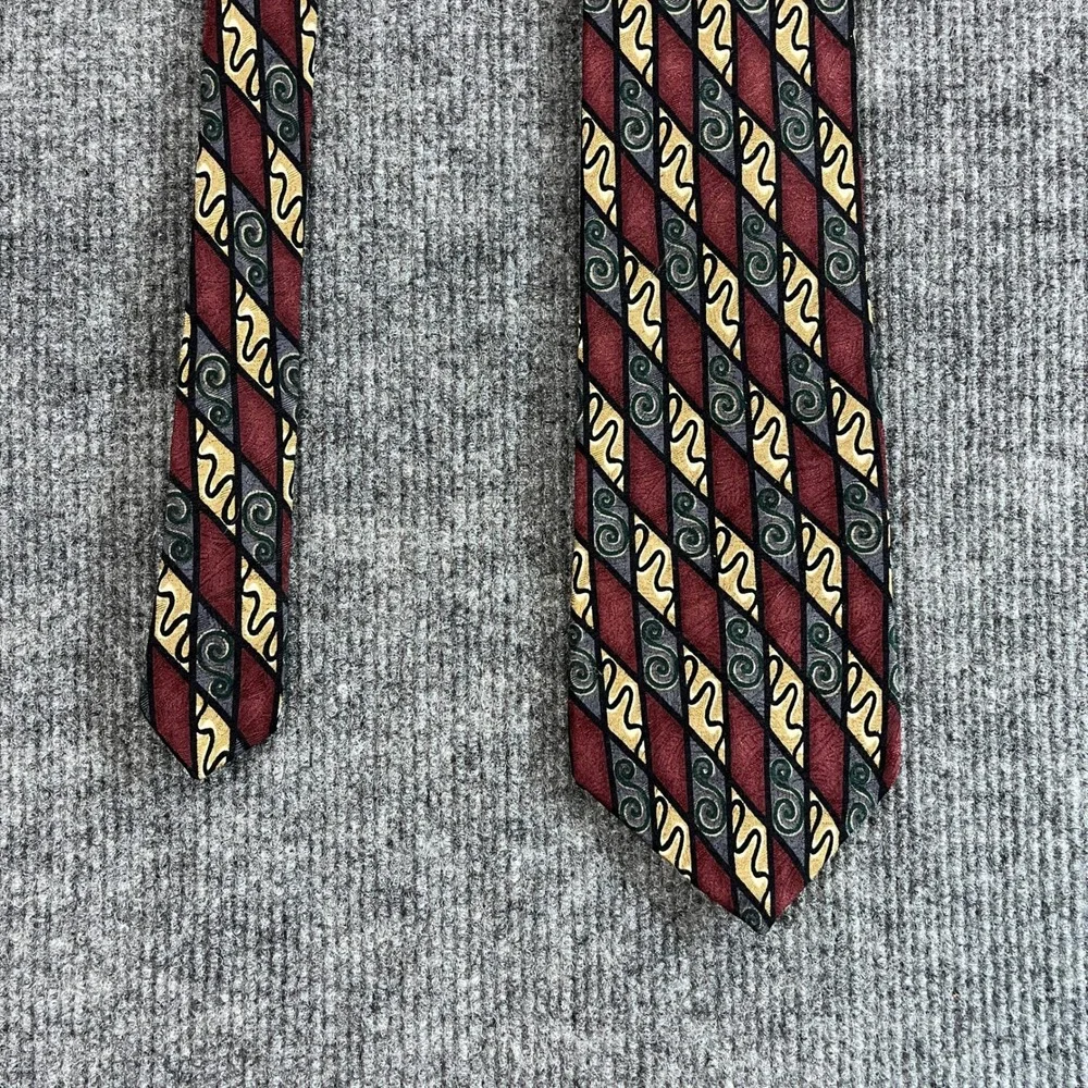 Martin Wong Napa CA Silk Necktie Burgundy Gold Grey Geometric Scroll Made in USA